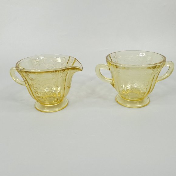 Yellow Madrid Creamer and Open Sugar Bowl Set Depression Glass MCM Amber Federal - Picture 1 of 11
